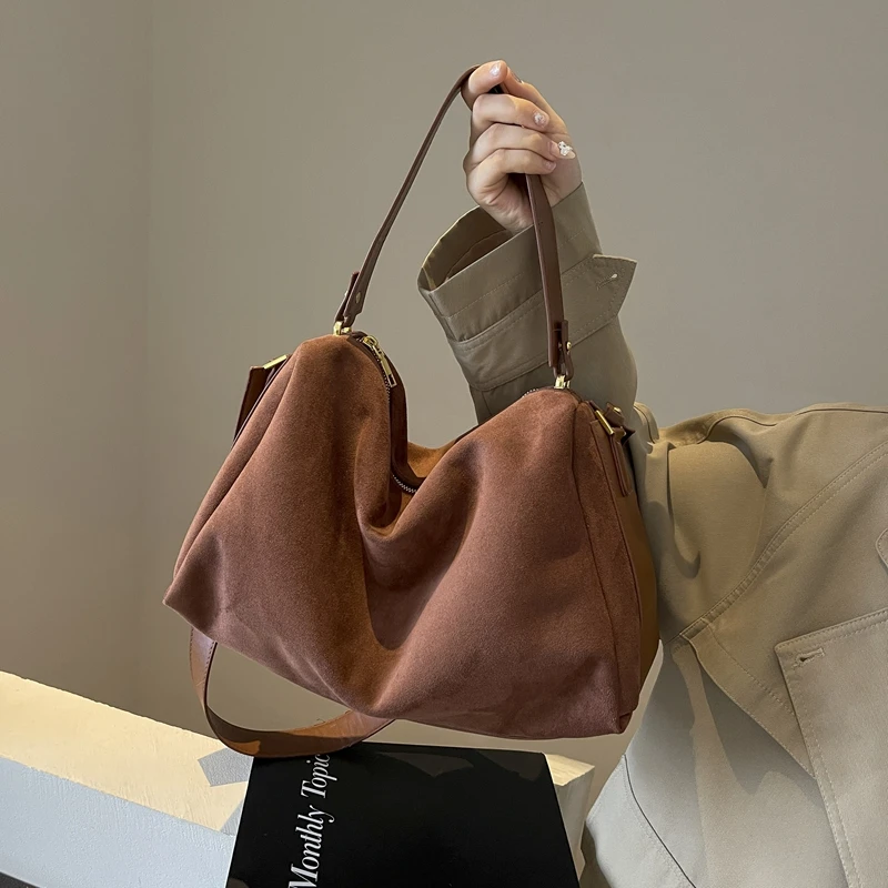 Simples outono inverno coleção cinza marrom grande boston tote macio fosco camurça sintética bolsa de ombro feminina bolsos de mujer