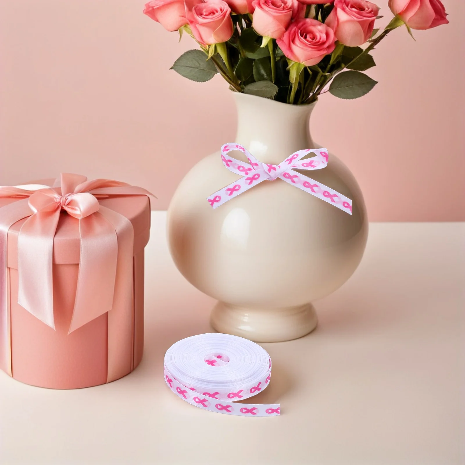 

2 Rolls Breast Cancer Ribbon Bundles Present Wrapping Ribbon for Fundraising Decoration Flower Bouquet Craft Wrapping Supplies