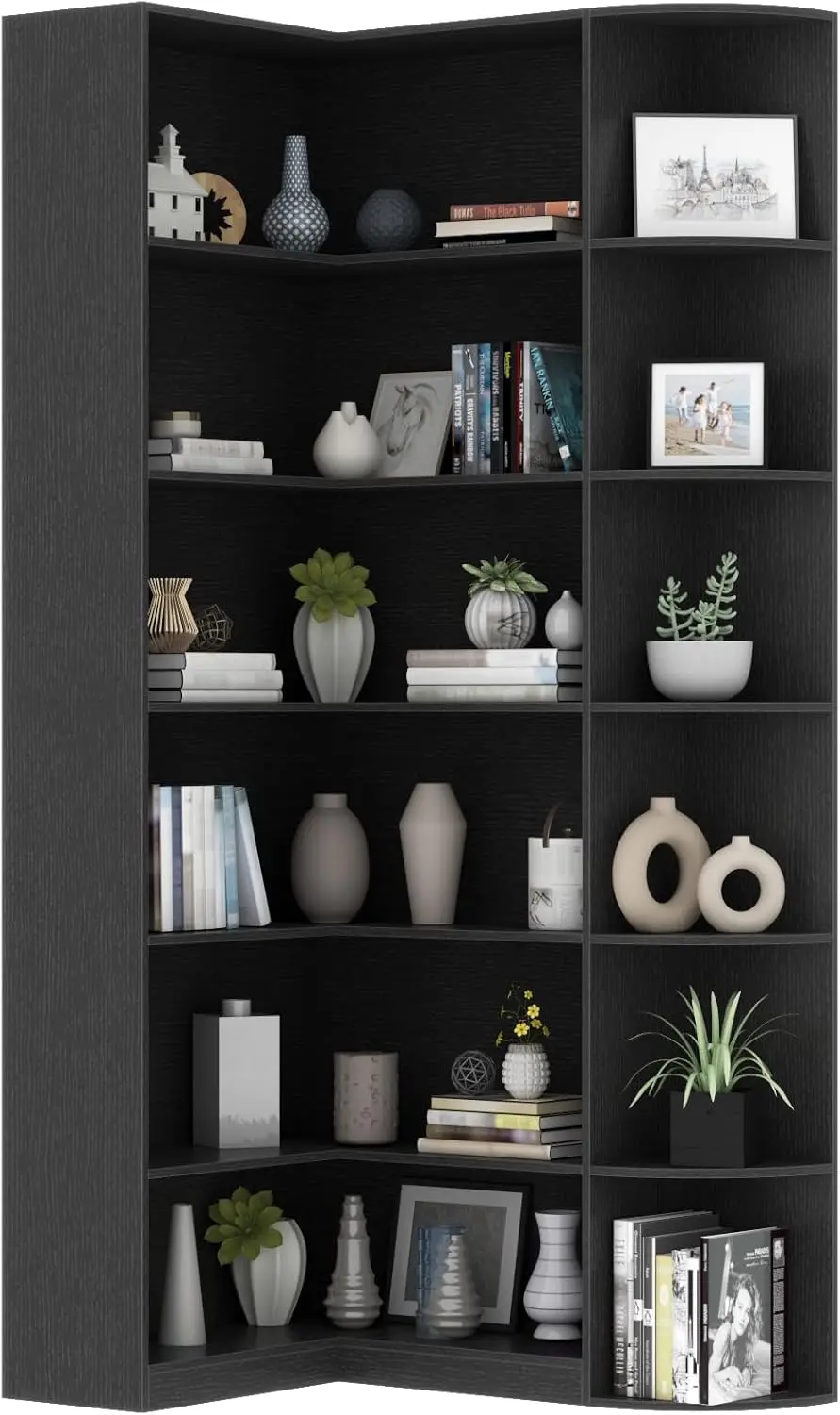 Loomie Black Book Shelf, 6 Tiers Shelf Large Tall Corner Etagere Bookcase With Full Baffle, L-Shaped Modern Storage Display