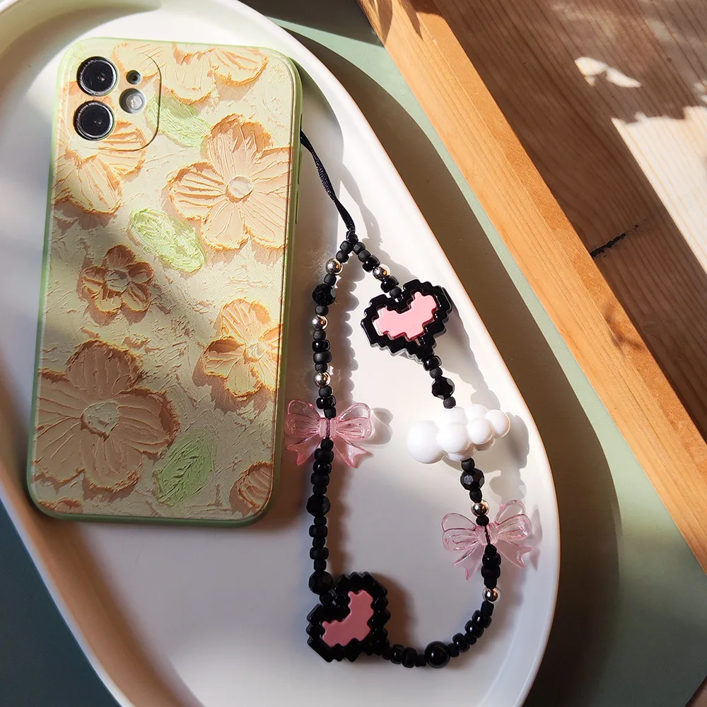 HERLOOK Pixel Heart Phone Straps Bowknot Phone Charm Y2K Accesories Korean Clouds Chain for Cellphone Cute Jewelry