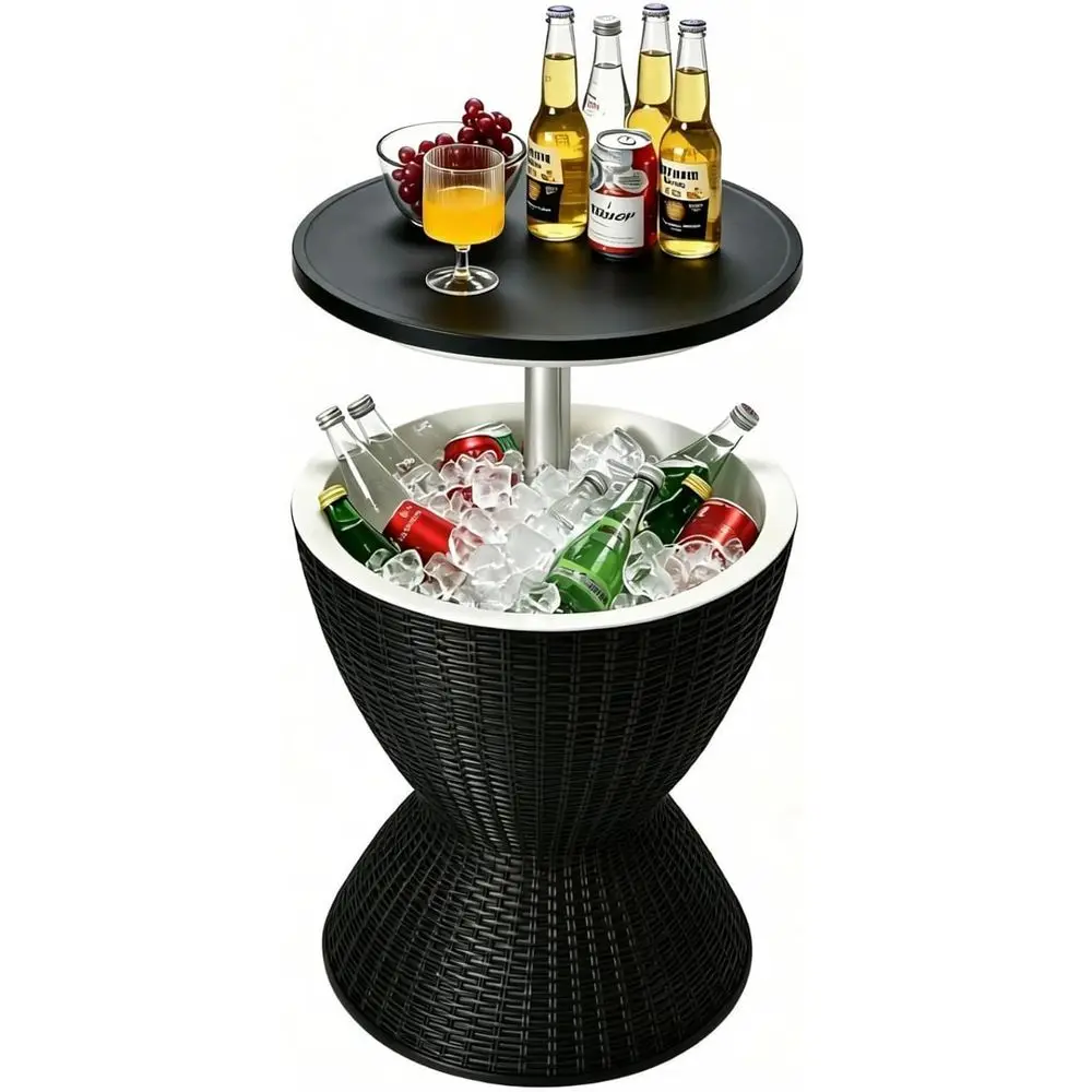 Adjustable Height 8 Gallon Multi-Function Cooler Table with Drain, Rattan Style for Patio and Pool Parties