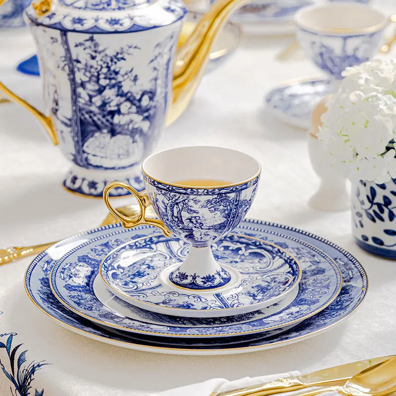 

Wholesale Blue-and-White Ceramic Coffee Set Gold-Plated Elegant Cups & Plates for Luxury Dining (Bulk Discount)