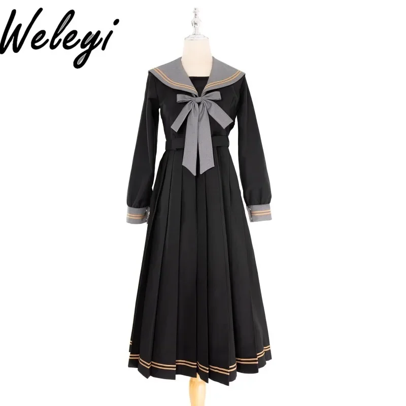 

Autumn Jirai Kei Black Uniform Dress Women's Spring Sweet College Style Navy Long Sleeve Sailor Suit Collar Dresses Maxi Kleider