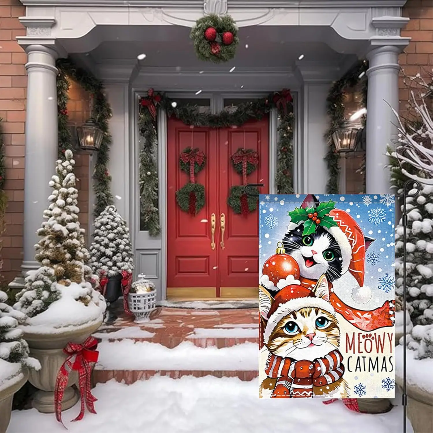 Christmas Cute Cat Garden Flag Winter Snowflake Meowy Catmas Garden Yard Flag Funny Cats Designs Double Sided 12x18 Inch Ban WWP