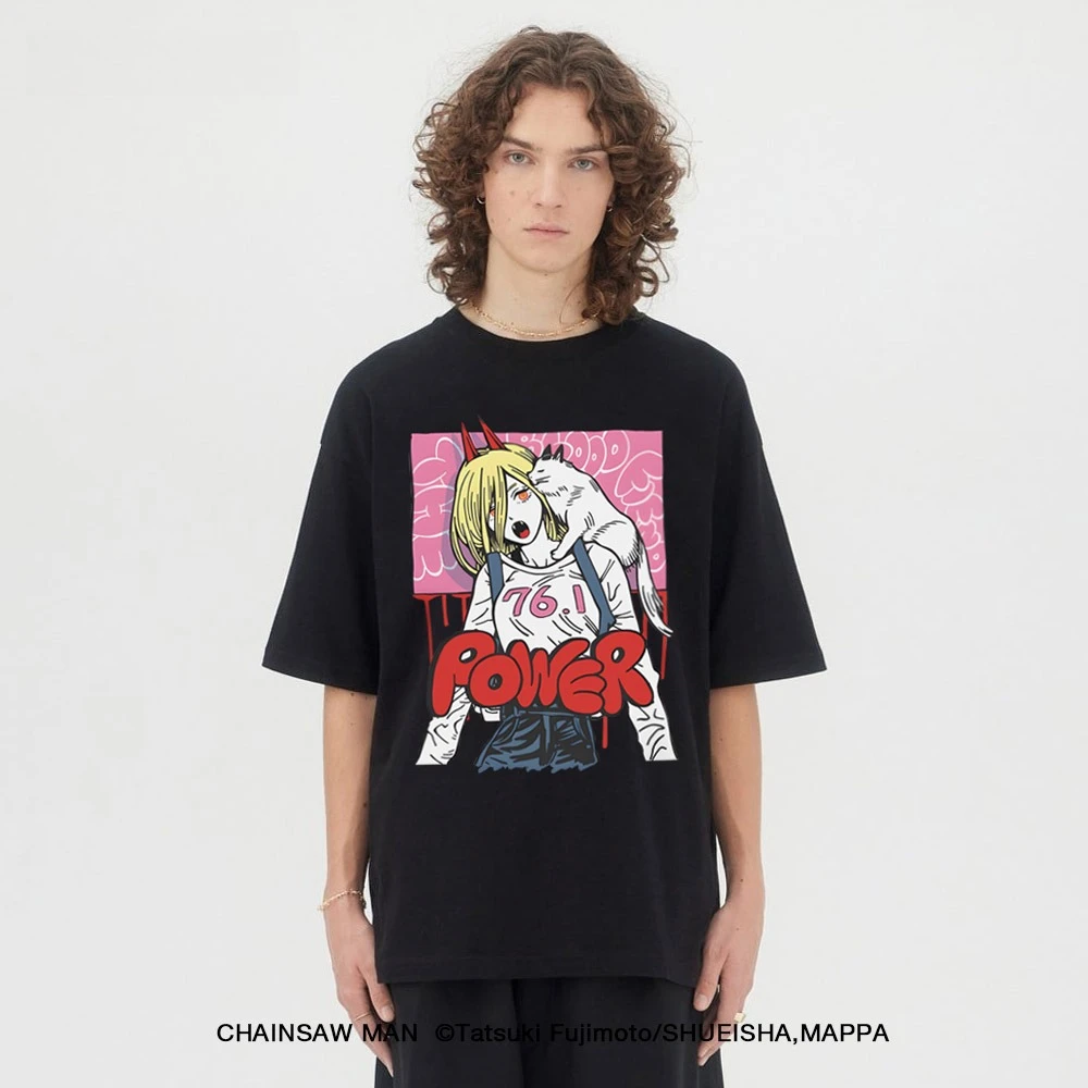 Chainsaw People POWER Pawa Joint Day Tide Around Direct Spray Macima Printed Cotton Men's and Women's Loose T-shirts