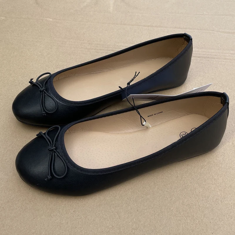 2025 Spring Elegant Bowknot Ballet Flats Classic Shoe Round Toe Comfort Slip-On Ladies Fashion Loafers Leather Mules Shoes