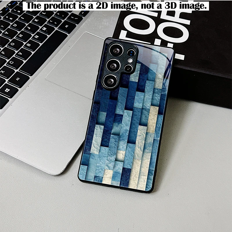 2D Printed Black Glass Phone Case, Dark Blue Stone Geometric Blocks, Shockproof Cover for Samsung S & A Series