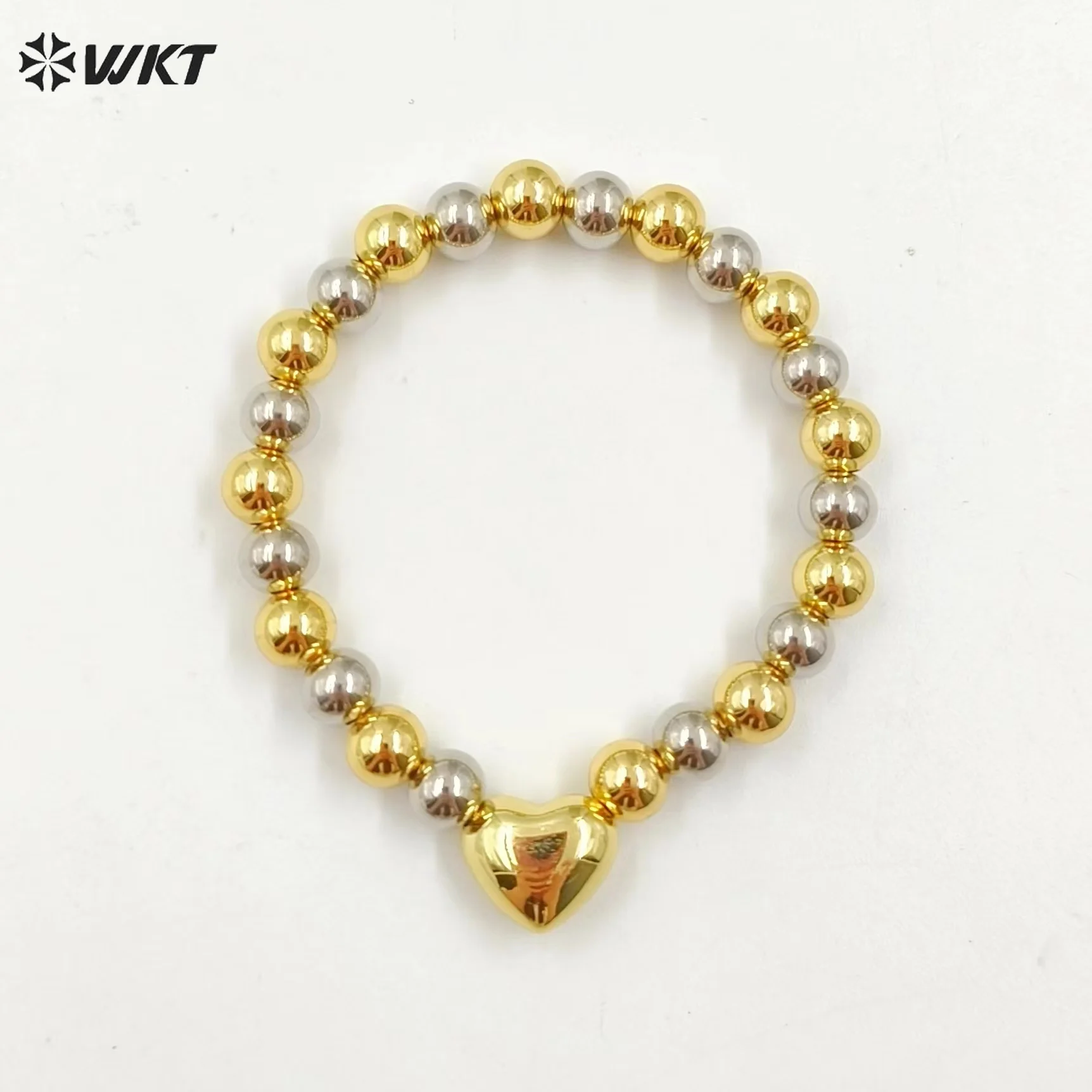 

WT-JF342 5PCS A Lot Sweet Trendy 18k Gold And Silver Beads With Heart Shape Charms Stretch Bracelet For Girls Daily Accessories