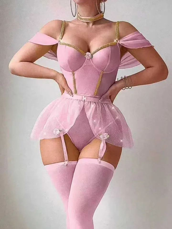Sexy Glossy One-Piece Bodysuits With Puff​​Petticoat And Fishnet Stockings Sexy Solid Color Transparent Mesh Thin Bodysuits YIUQ