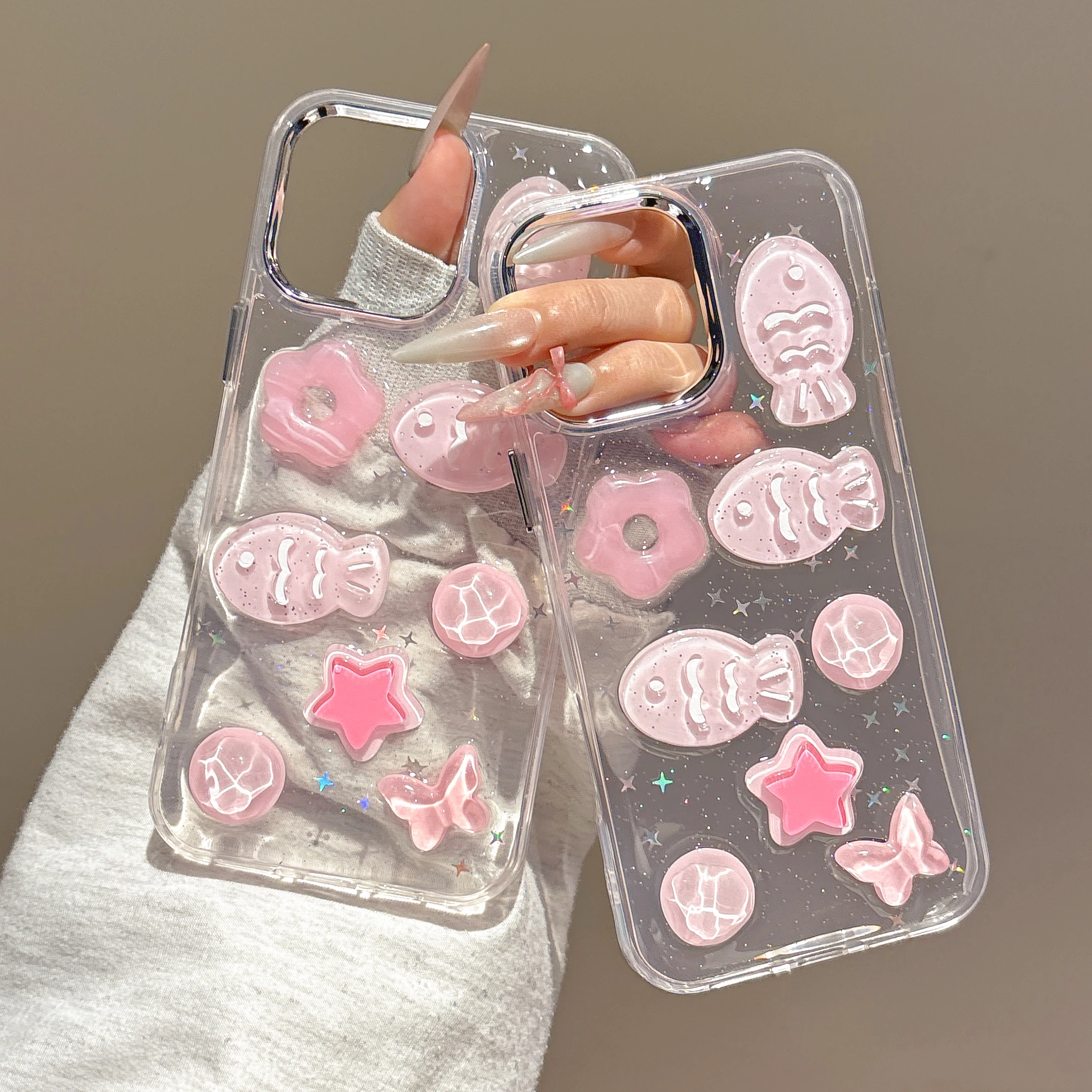 

IPhone 16 15 14 13 12 11 16promax 15PLUS new personalized creative 3D pink fish phone case transparent protective case