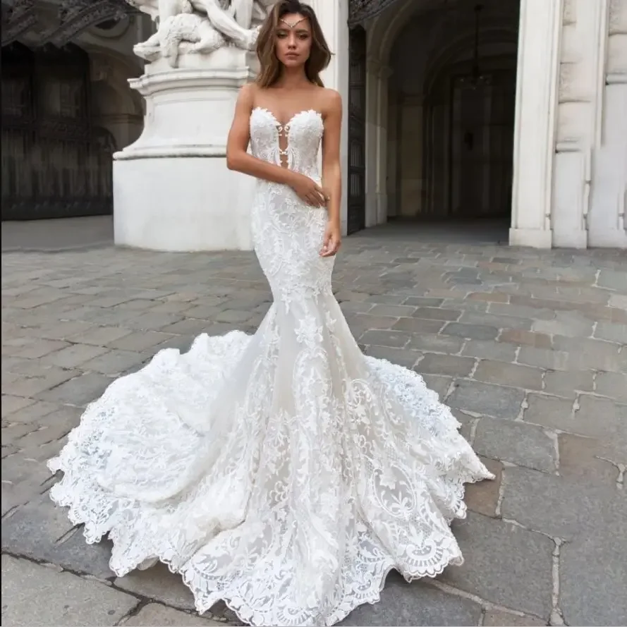 customized Exquisite Sweetheart Lace Mermaid Wedding Dresses Luxury Applique Button Court Train Bridal Gowns Vestido De Noiva