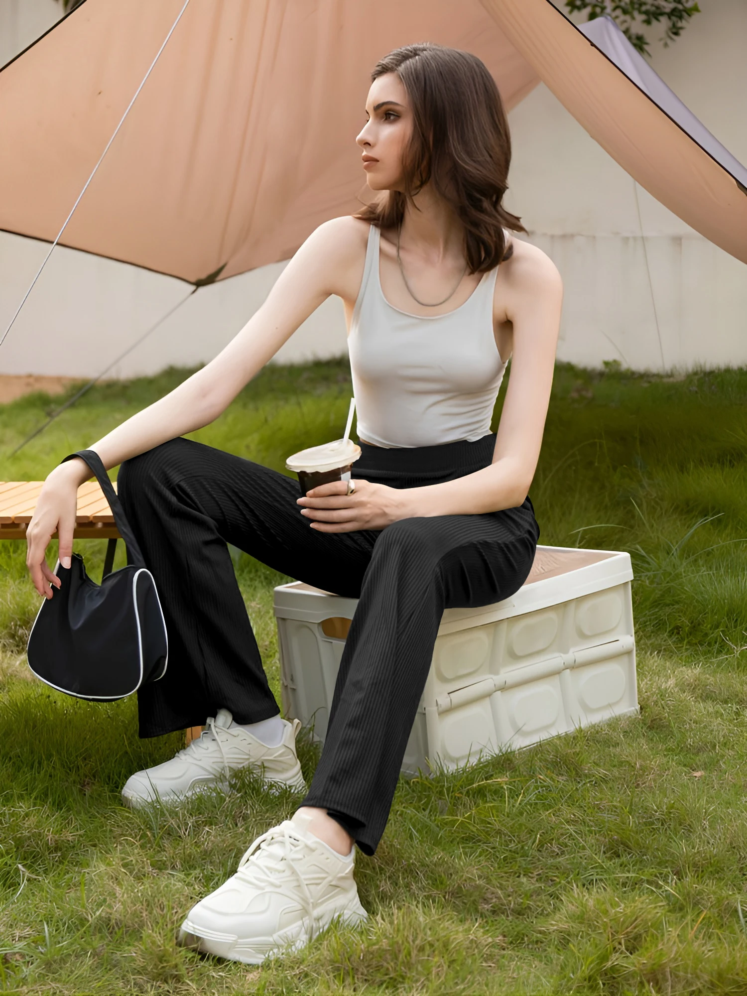 

Women's Pants Casual Solid Color Flared Pants Ribbed High Waist Elegant Fashion Female Pants Street Wear