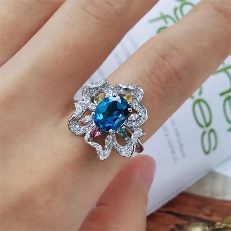 ZECAA Fine Jewelry Woman Topaz Ring With Natural London Blue Topaz Gemstone 7*9mm Silver Lady Topaz Ring Jewelry Best Lady Gift