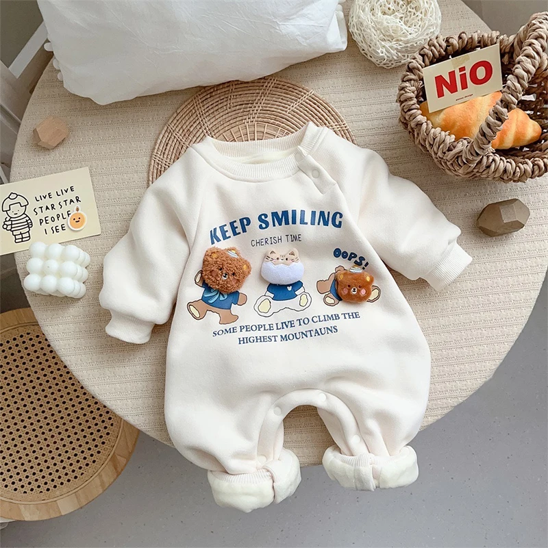 Autumn Winter Babys Fleece Warm Onesie Newborn Cartoon Bear Jumpsuit   Kids Cute Crawling Suit Baby Thicken Clothes for 0-2Years