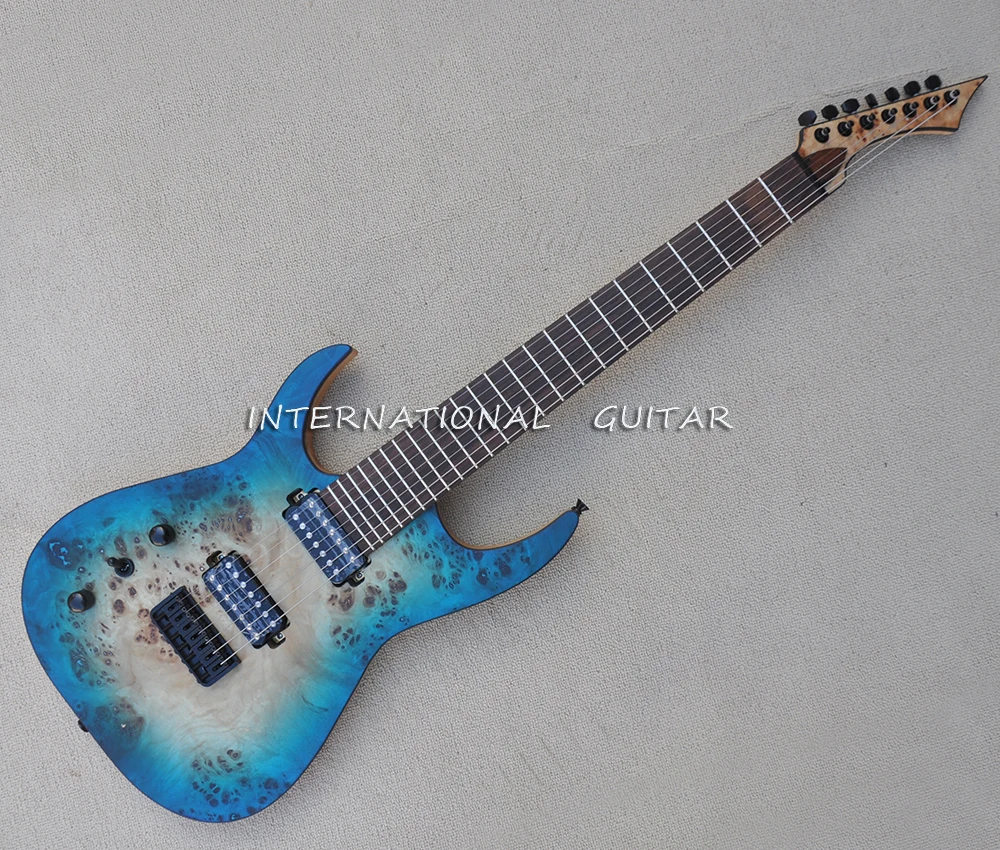 

Left Hand 7 Strings Transparent Blue Ash Electric Guitar with Burl Maple Veneer,Rosewood Fretboard
