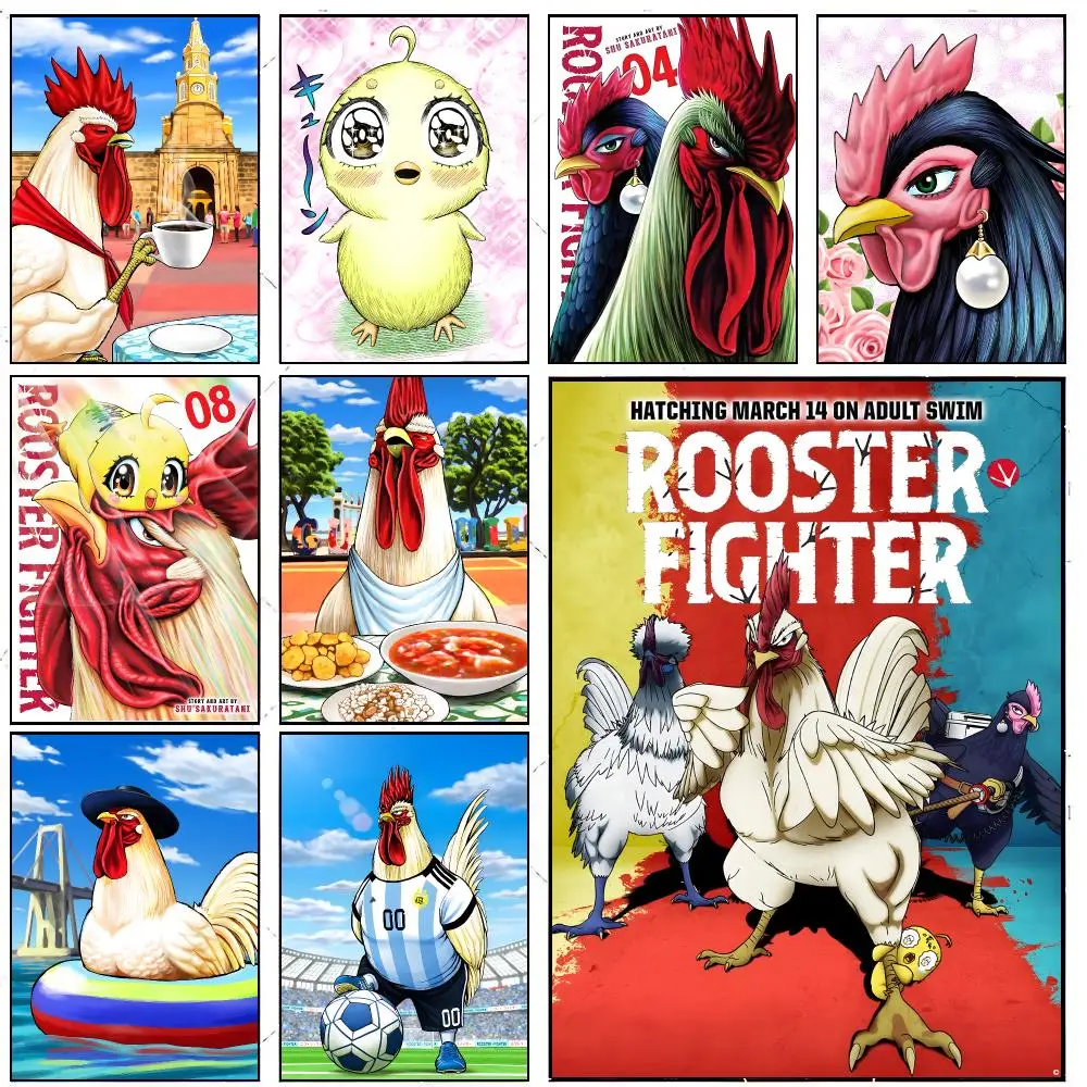 R-Rooster Fighter Poster Retro HD Art Sticky Wall Waterproof Home Living Room Bedroom Bar Aesthetic Decoration