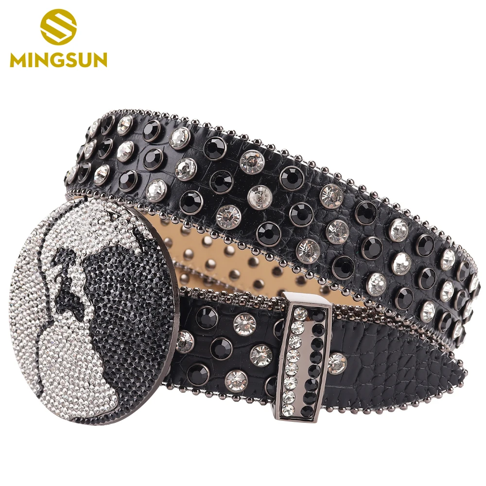 

Men Belt Black Leather Belt Metal Earth Buckle Western Cowboy Cowgirl Rhinestone Studded Belts for Women Cinturones Para Hombre