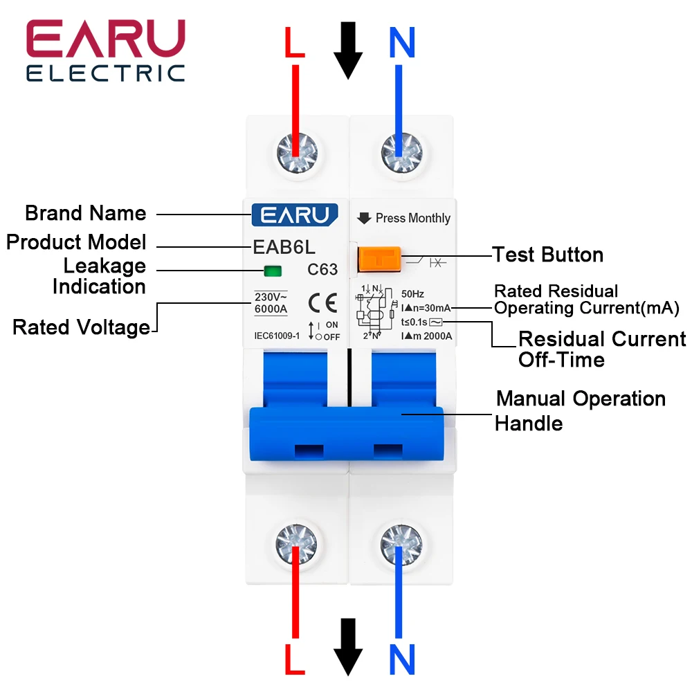 AC 230V MCB Leakage Protector RCBO Overload Short Circuit Protection 2P 4P 30mA Residual Current Circuit Breaker Switch RCCB RCD