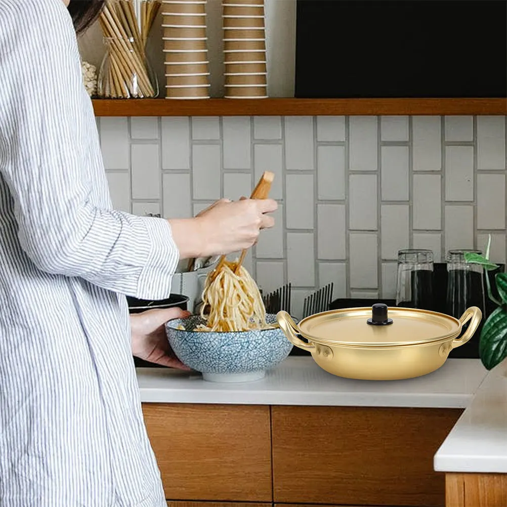 

1Set Korean Ramen Cooking Pot Aluminum Soup Pot Non-Rust Gold Color with Lid Spoon Chopsticks for Instant Noodles Stew
