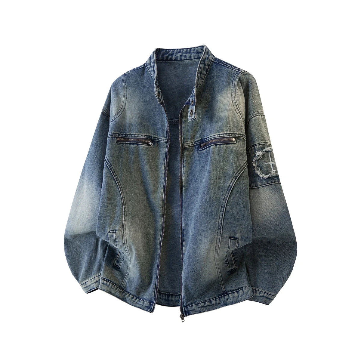 

Retro American Spring Autumn Distred Denim Jaet ex Casual Loose Workwear Sle Polyester Blend Faion Outerwear