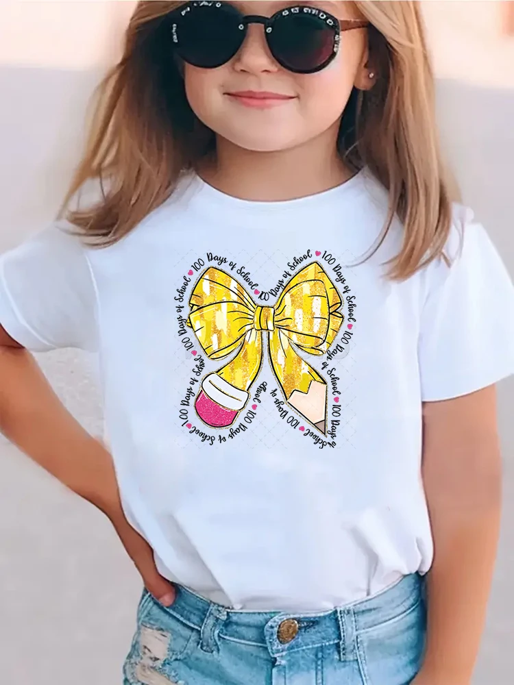 Coquette arco 100 dias de escola camisa bebê menina menino dos desenhos animados camisetas glitter arco lápis crianças engraçado moda manga curta camiseta