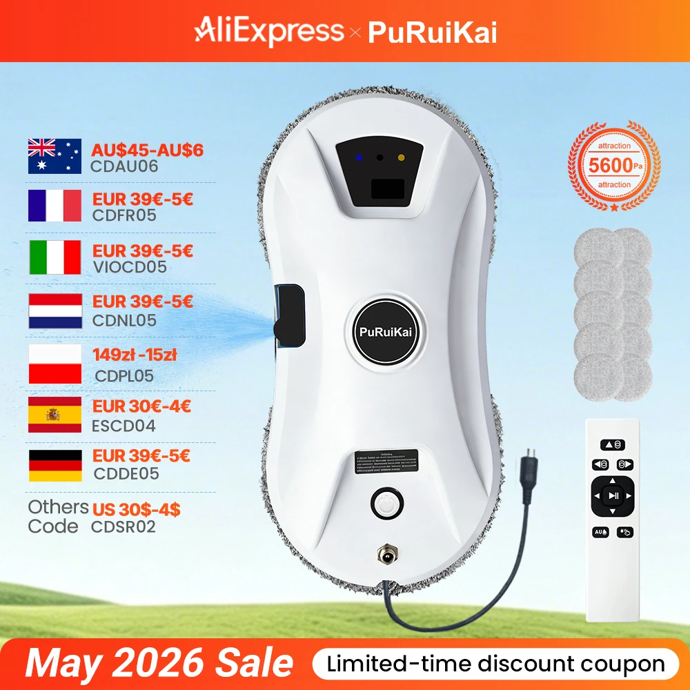 PuRuikai Robot de nettoyage de vitres automatique, robot nettoyeur de vitres à pulvérisation automatique, aspiration 5600 Pa, télécommande, détection des bords