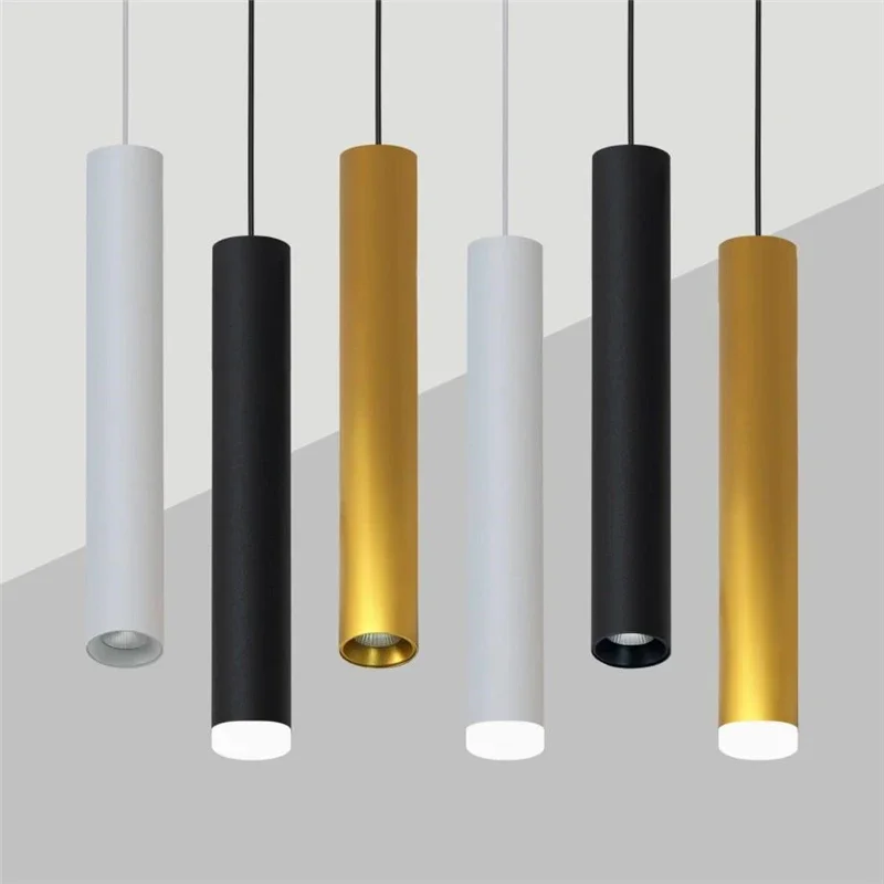 

Modern Long Tube Pendant Lights Kitchen Dining Room Shop Lamps Nordic Home Decor Cylindrical Black White Golden LED Hanging Lamp