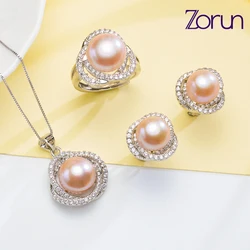 Zorun Real Natural Freshwater Pearl 10MM Sets Fashion Jewelry with White Gold Filled With Zircon Accessories for Party