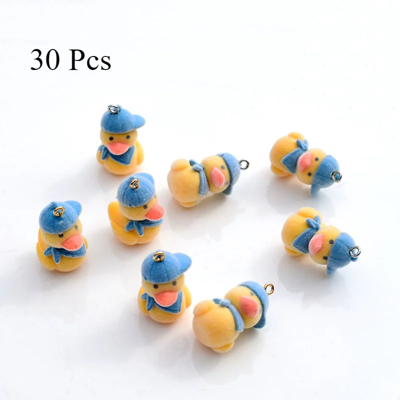 30Pcs 3D Cute Yellow Duck Charms Cartoon Animal Flocked Resin Pendant Earrings Keychains Accessories for DIY Crafts Jewelry Make