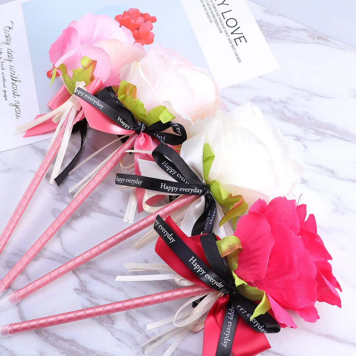 

5Pcs Peony Flower Ballpoint Pens with Ribbon Twist Design Cute Novelty Stationery for Women Students Office Home