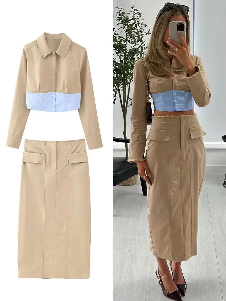 

HH 2024, летние женские однотонные комплекты с юбкой, лоскутная укороченная блузка с длинными рукавами и лацканами + тонкие юбки-миди трапециевидной формы, элегантный костюм