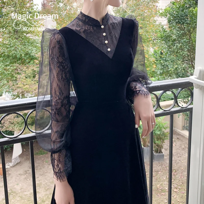 Customized Customized Black Mesh Patchwork Design Long Sleeve Velvet Evening Dress O-neck Simple Elegant Temperament Prom Dresse