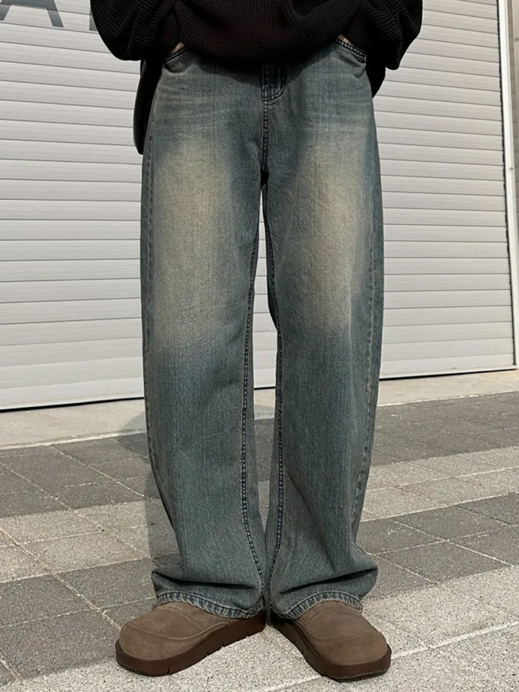 SYUHGFA جديد بسيط الرجال الدنيم السراويل الكورية نمط غسلها عادية واسعة الساق الجينز فضفاض مستقيم الساق الذكور السراويل 2025 الخريف #5