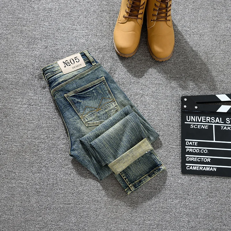 

Сверхмощные ностальгические джинсы в стиле ретро для мужчин, эластичные облегающие маленькие прямые трубки, модные высококачественные потертые джинсовые брюки