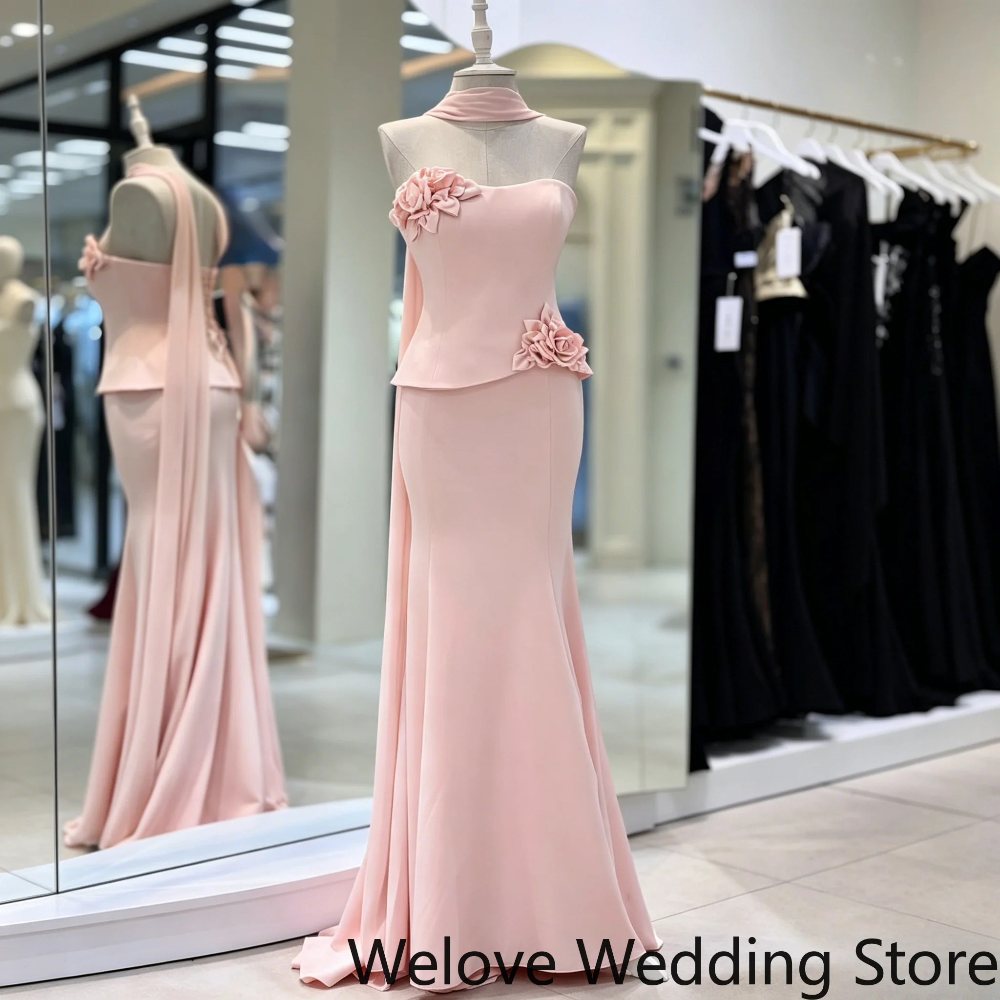 Romantic Blush Pink Formal Evening Gown Featuring a Strapless Neckline, Elegant Peplum Waist with 3D Floral Appliqués