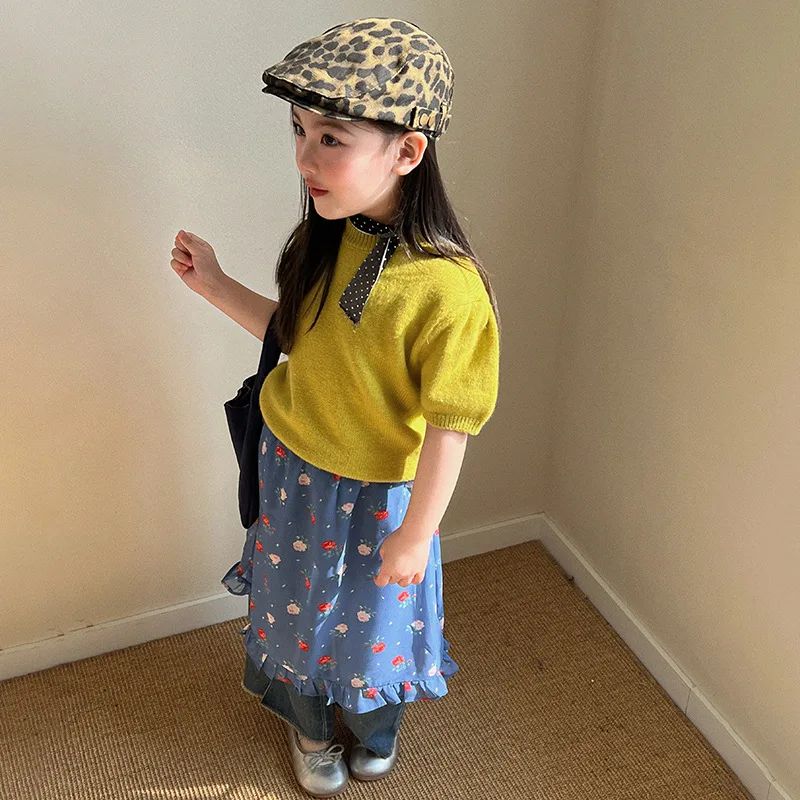 

Girls 2026 Summer New Solid Color Round Neck Short-sleeved Top Flower Fart Curtain Jeans Trend Three-piece Set