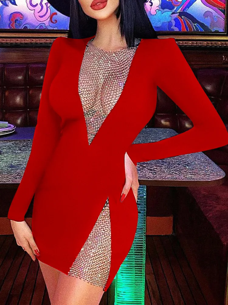 Sexy Club Night Dress Bodycon Hollow out Splice One Step Skirt Women's Fashion Polyester Long Sleeve round Neck Party Dress
