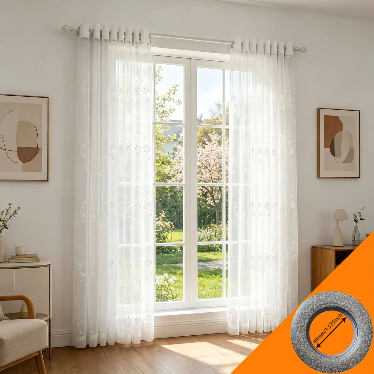 

2Pcs Light Filtering Sheer Curtain Floral Embroidered Grommet Tulle Window Drapes for Bedroom Living Room