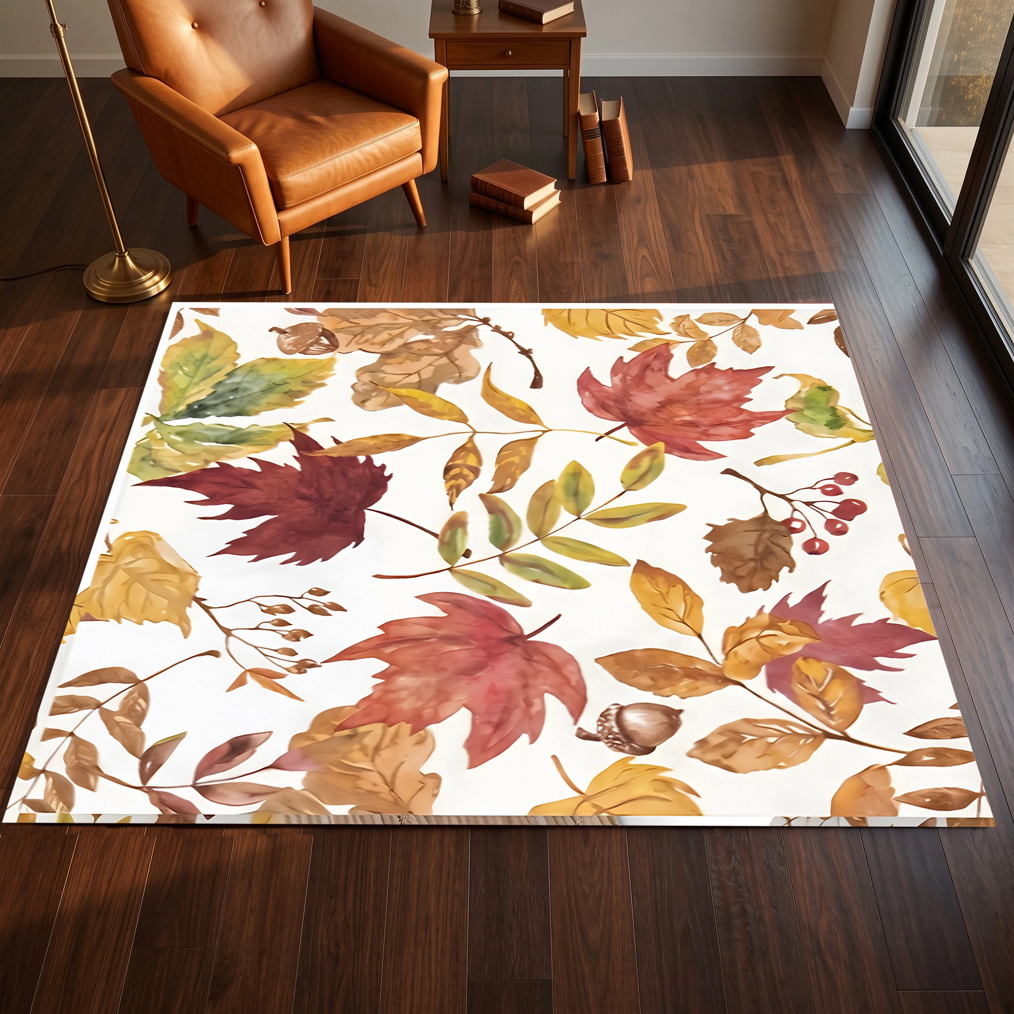 Watercolor Autumn Leaves and Branches Natural Pastoral Style Velvet Rug, Autumn and Winter Style, Suitable for Living Room, Bedroom, and Entryway, Creating a Warm Autumn Harvest Atmosphere
