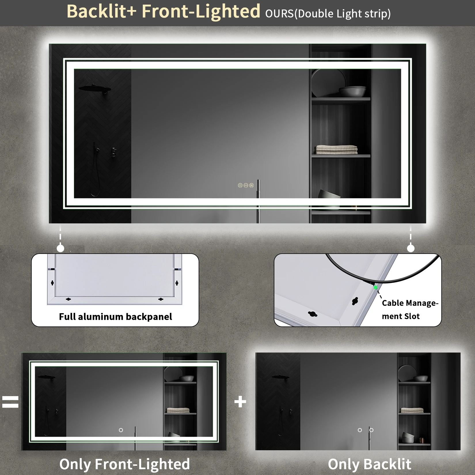 

Large LED lighting bathroom mirror with front + backlight wall-mounted anti-fog wash basin mirror