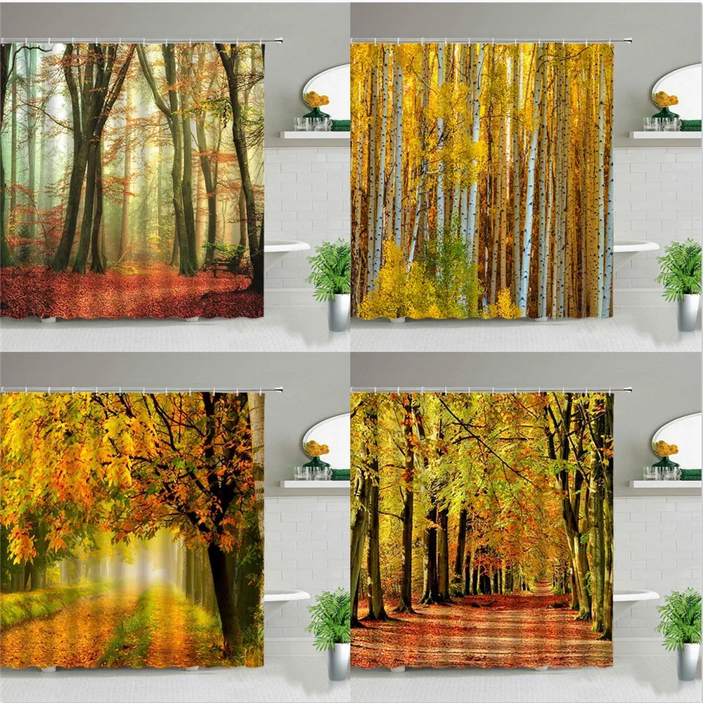 Autumn Forest Scenery Shower Curtain Set Trees Sunlight Bathroom Curtains Waterproof Fabric Bathtub Home Decor Screen With Hooks