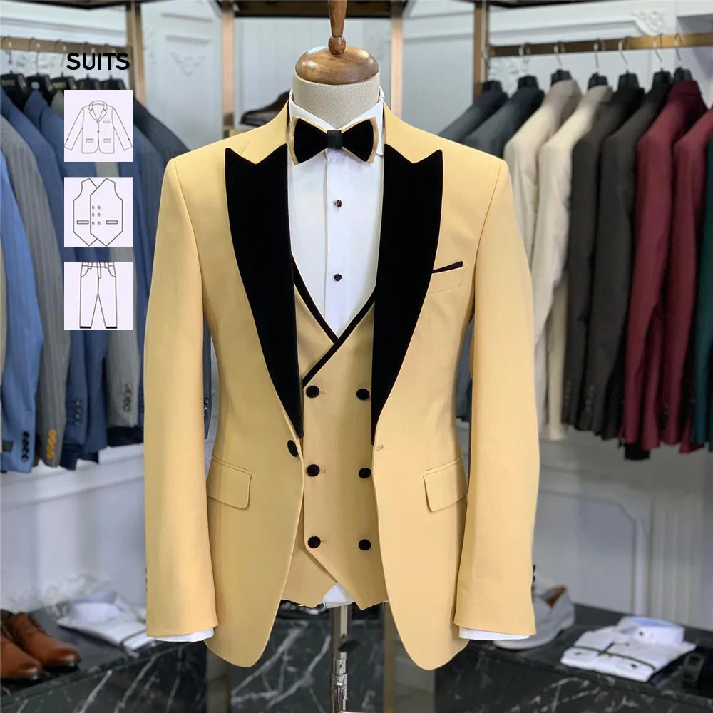 

Champagnes Men's Suits For Men Black Notched Lapel Jacket vEST pANTS 3 Pieces Formal Groom Tuxedos Classic Man Banquet Prom Sets