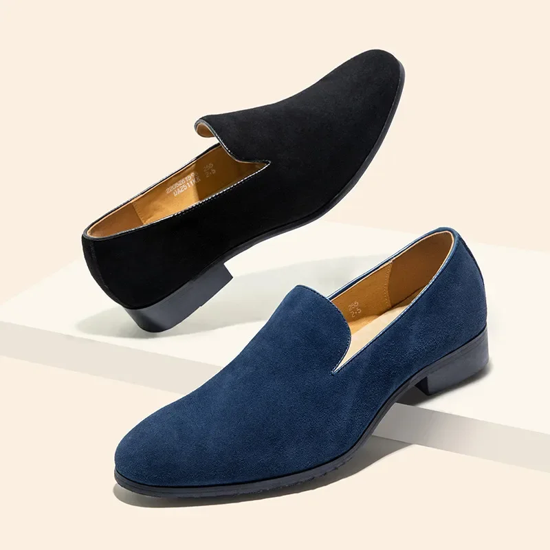 Loafers Men Slip-on Pointy Suede Lazy Black Blue Breathable Handmade Dress Shoes for Men