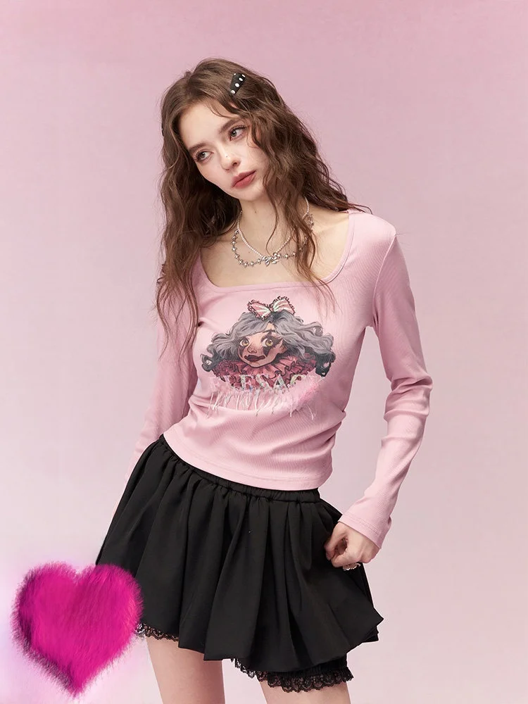 

Sweet Sle Long Sve T-irt Women's Early Spring Slim Fit Inner Wear Stberry Brownie Print U-Ne ket Top