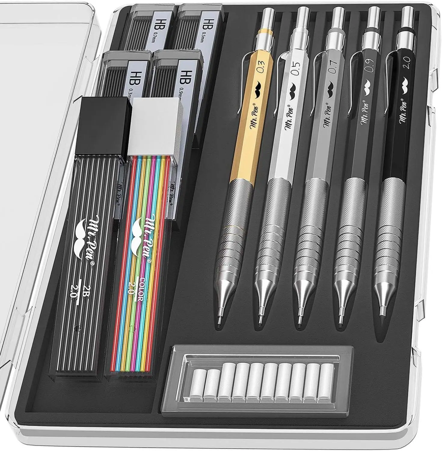 

5-Pack Metal Mechanical Pencil Set, 0.3-2mm, Lead Refills & Erasers Included, Perfect for Drawing & Note Taking
