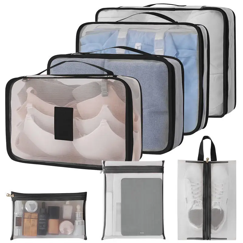 7 pçs conjunto de sacos de armazenamento organizador de viagem mala cubos de embalagem conjunto casos portátil bagagem roupa interior sapato arrumado bolsa dobrável