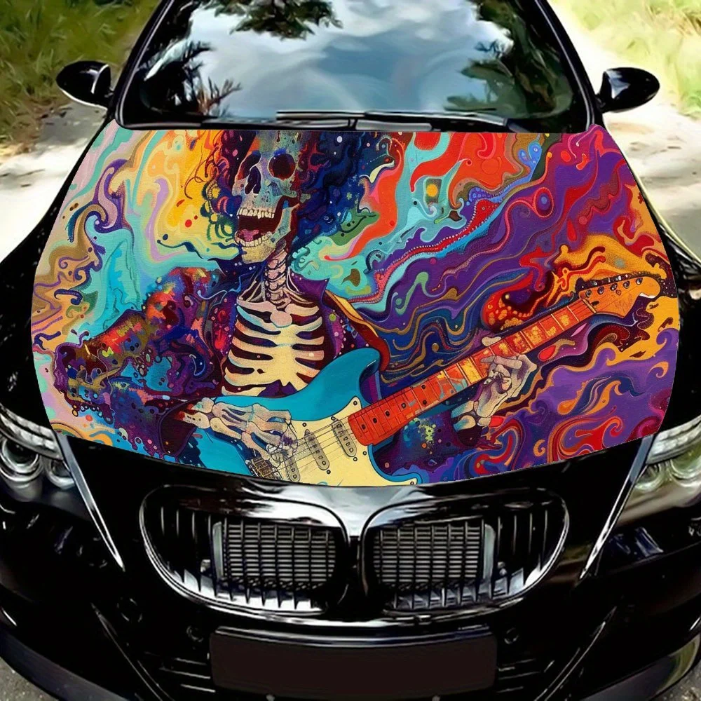 

Киберпанк скелет играет на электрогитаре, виниловая наклейка на капот автомобиля, наклейка на двигатель автомобиля, водостойкая самоклеящаяся автомобильная упаковка