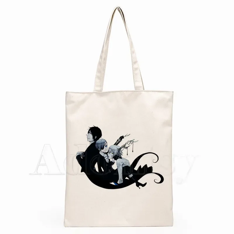 Black Butler Anime Ciel Phantomhive Sebastian Michaelis  Graphic Cartoon Printed Canvas Shoulder Eco Environmental Shopper Bag