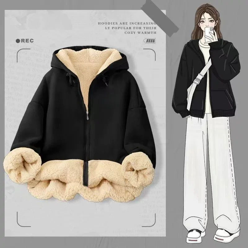 Ladies Thickened Fleece Hoodie Winter Warm Outerwear Loose Cardigan Coat Zipper Design Polyester Fabric Korean Style Long Sleeve