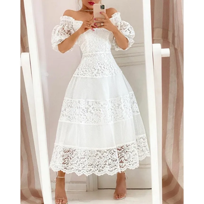 2023 Wedding Long Dresses White Floral Dress Women Summer Elegant Puff Sleeve Slash Neck Dress Lace Stitching Slim Party Prom